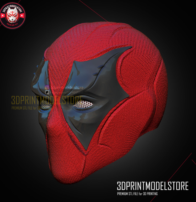 3D printed Deadpool mask with signature red and black detailing. Ideal cosplay helmet for Marvel Deadpool fans.
