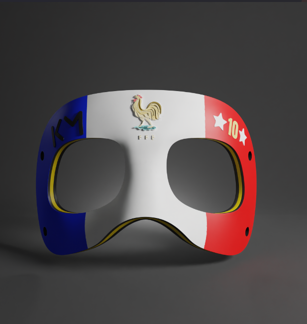 
Multi-color 3D print of MBAPPE fan art mask featuring French flag and iconic number 10. Perfect for sports and cosplay enthusiasts.