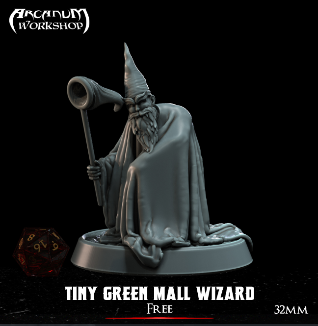 3D-printed Tiny Green Mall Wizard figure by Arcanum Workshop, a simple beginner 3D printing project for miniature wizard figurines.