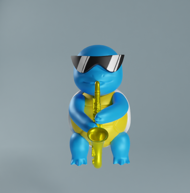 3D-printed Squirtle with saxophone model by Whale 3D Studio, a fun 3D printing project for beginners featuring Pokémon Squirtle.