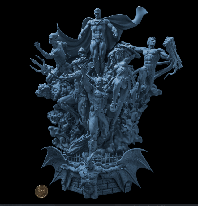 A detailed 3D sculpture of iconic superheroes, including Superman, Wonder Woman, and Batman, arranged in a dynamic, heroic pose.






