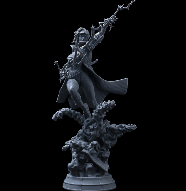 A dynamic 3D sculpture of a powerful figure, casting energy or magic from an outstretched arm, with swirling effects surrounding their stance.






