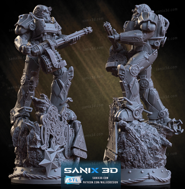 A 3D sculpture of a heavily armored soldier in futuristic power armor, wielding a large weapon and standing on a rocky base with detailed insignia.






