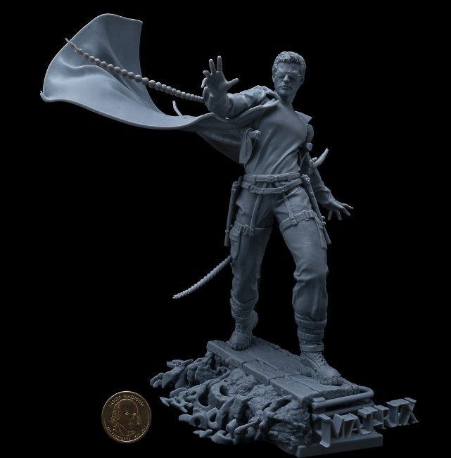 A Matrix-inspired 3D sculpture of a character in a dynamic pose, with a flowing coat and tactical gear, standing on a detailed base.






