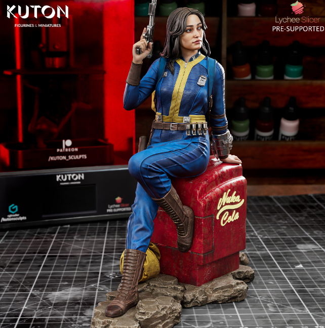 A superhero 3D print file of a character in a blue and yellow jumpsuit, seated on a "Nuka Cola" crate, holding a pistol in a relaxed pose.






