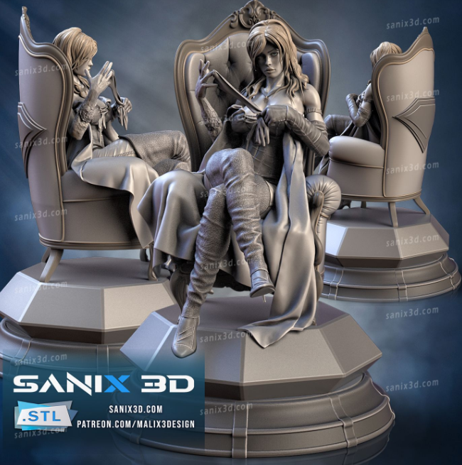 A superhero 3D print files featuring Emma Frost from the X-Men, seated elegantly in a detailed, high-backed chair, exuding her iconic poise and power.






