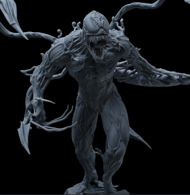 A superhero 3D print files featuring Carnage from Marvel, depicted with his signature menacing expression, sharp claws, and tendrils extending outward.






