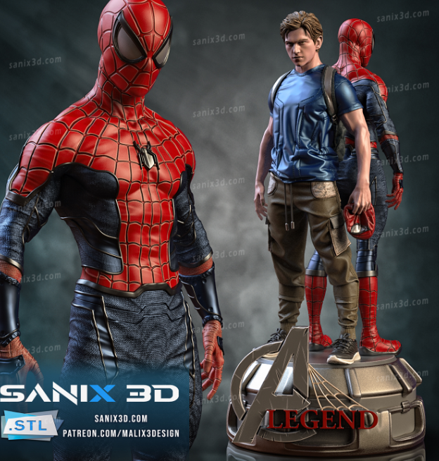 A superhero 3D print file featuring Spider-Man and his alter ego in casual attire, posed on a base labeled "Legend" with Avengers-inspired elements.






