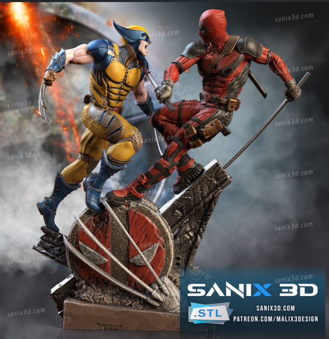 A superhero 3D print file featuring Wolverine and Deadpool in a dynamic battle pose, with detailed costumes and a base showcasing Deadpool’s emblem.






