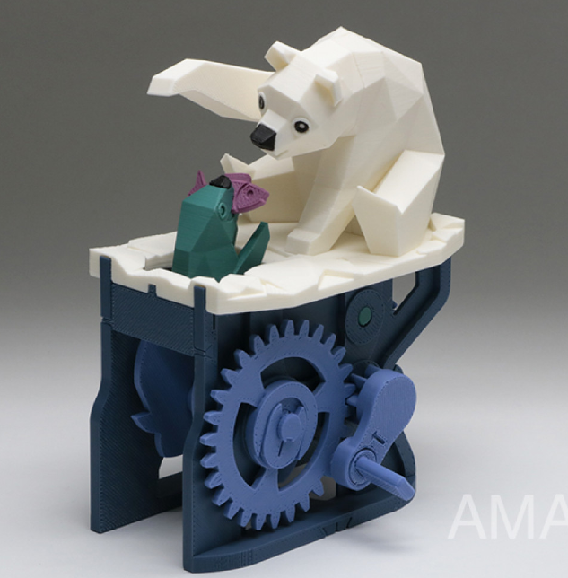 Interactive 3D-printed automata featuring a polar bear and a seal on a mechanical platform. This 3D print idea for wife is a charming kinetic sculpture with moving parts, perfect for adding playfulness to her decor.
