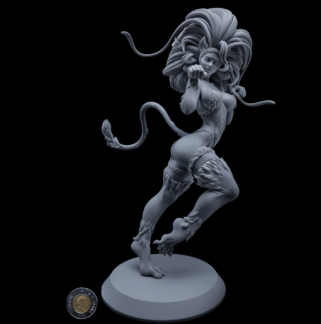 Felicia 3D anime STL model with flowing hair and feline-inspired costume.