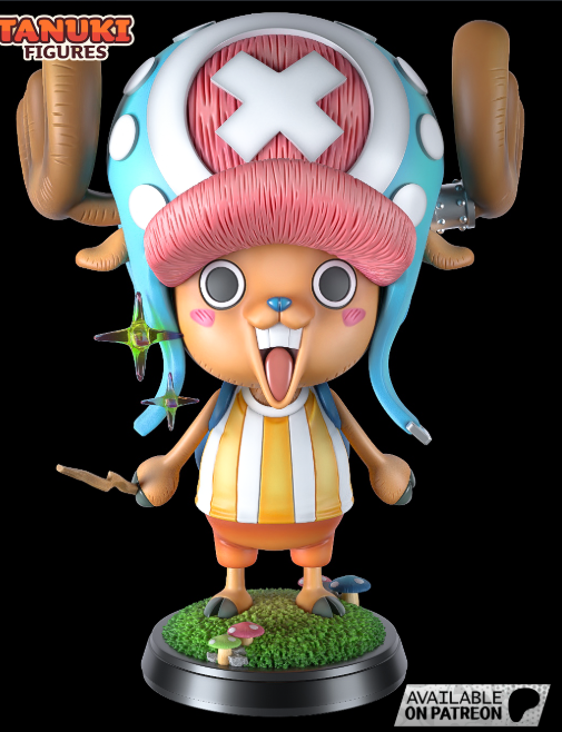 Chibi-style 3D model of Tony Tony Chopper from One Piece, featuring his iconic blue hat with a white X, cheerful expression, and a playful pose on a detailed base with mushrooms.