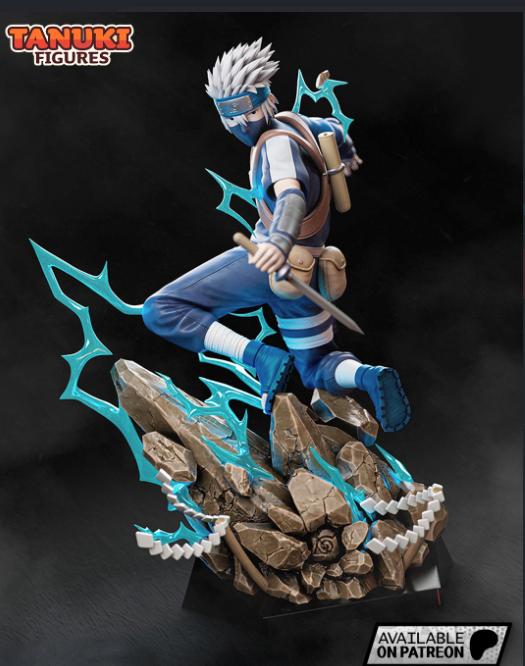 3D model of Young Kakashi from Naruto, featuring his iconic mask, headband, and dynamic pose surrounded by lightning effects, perched on a rocky base.