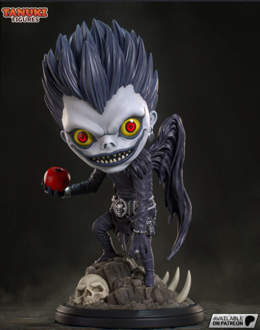 Chibi-style 3D model of Ryuk from Death Note, featuring his signature mischievous grin, red eyes, holding a red apple, with detailed wings and a skull-studded base.