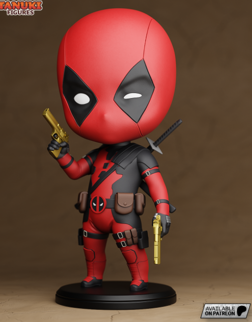 Chibi Deadpool 3D model with playful anime STL features for a fun print.