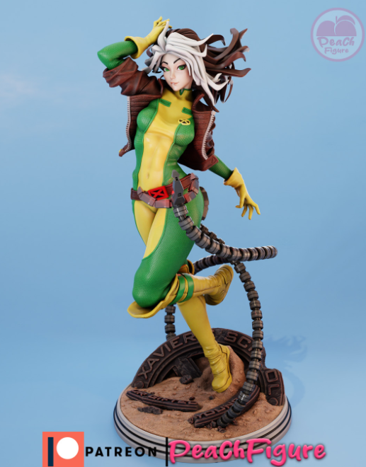 Rogue 3D anime STL model with iconic pose and intricate outfit design.