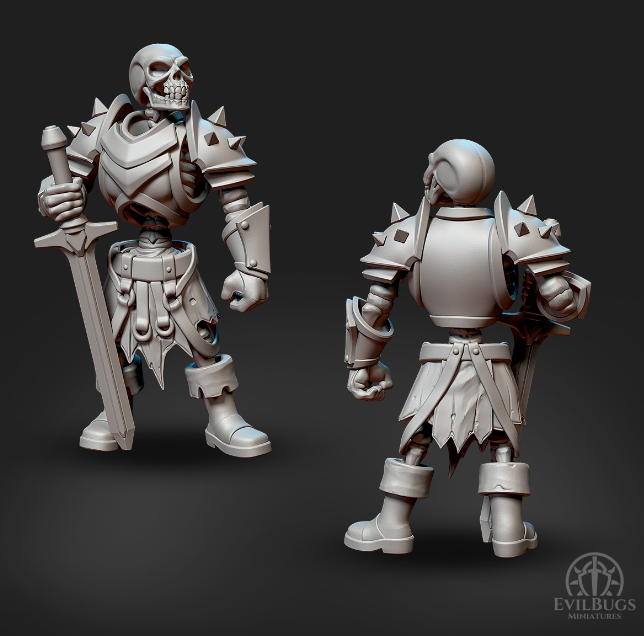 A detailed 3D-printed skeleton warrior miniature, ideal for tabletop gaming or fantasy collections.
