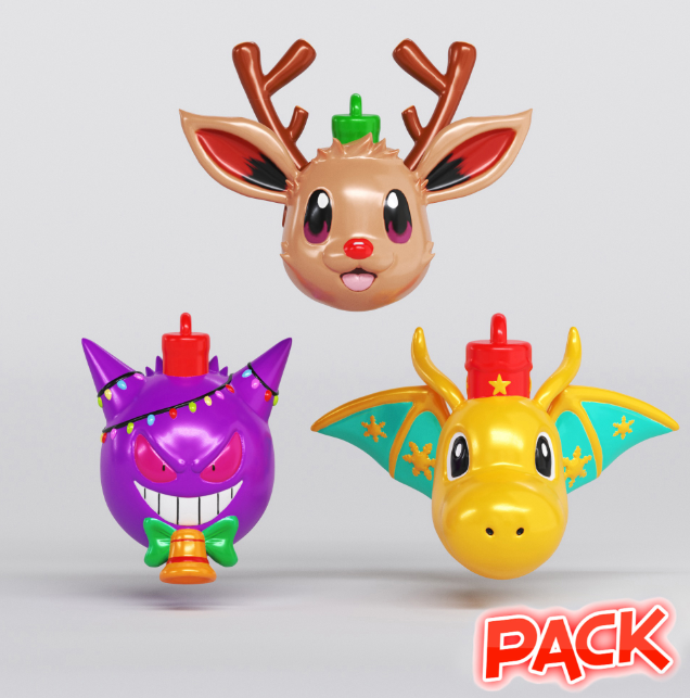 3D-printed ornaments featuring popular Pokemon characters, designed for Christmas tree decoration.
