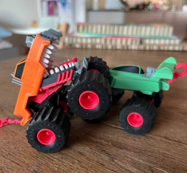 Toy monster truck with movable jaws, resembling a Hotwheels Attack Pack model, offering a nostalgic and fun thing to 3D print.