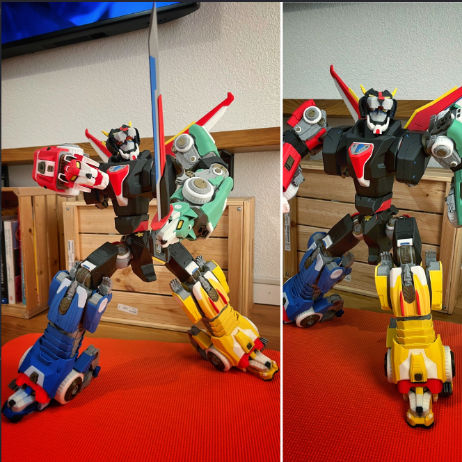 Detailed Voltron model with articulated limbs and sword, capturing the iconic robot from classic anime, perfect for display and a challenging 3D print.