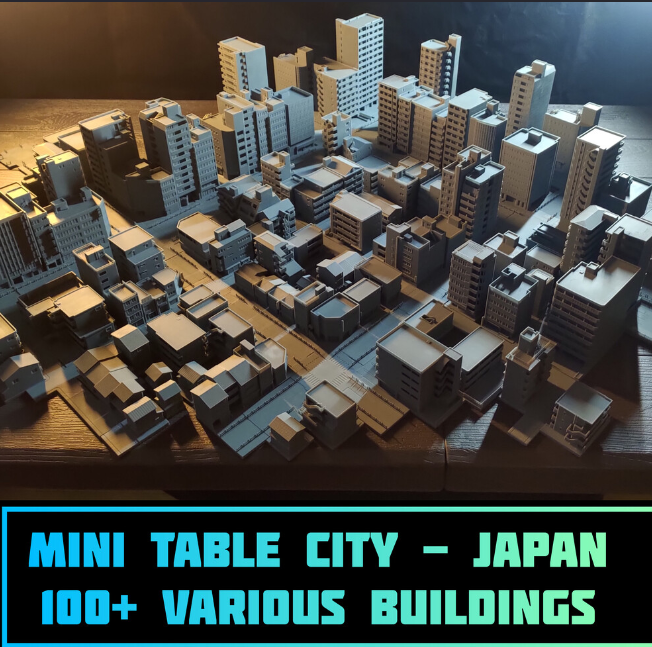 Miniature model of a Japanese cityscape with over 100 buildings, offering a detailed and immersive tabletop 3D printing project.