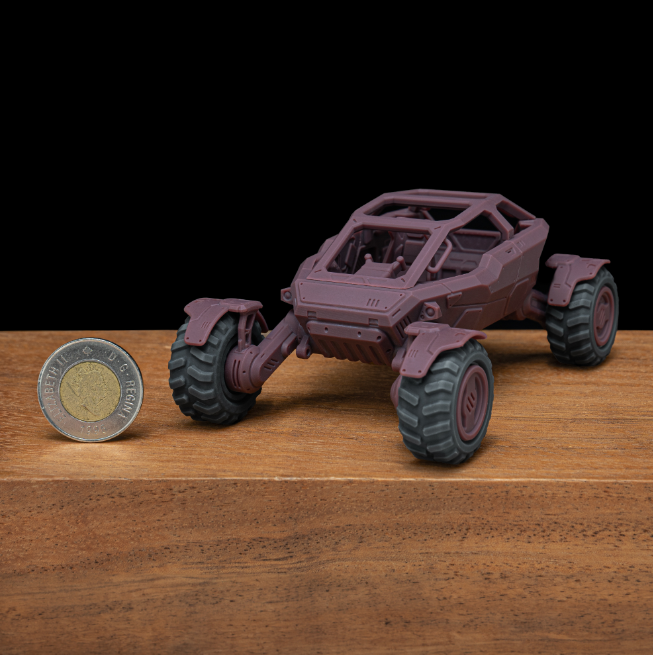 Futuristic space rover model with rugged tires, designed for sci-fi fans and collectors.