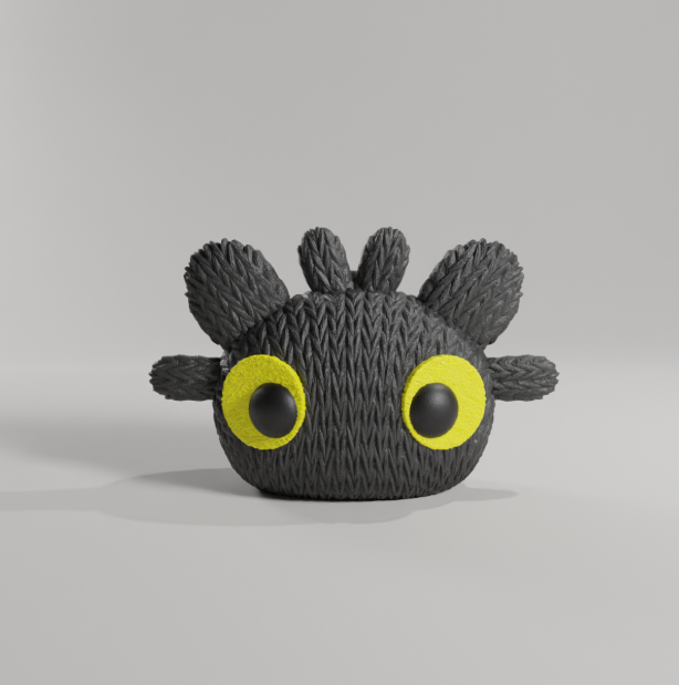 A charming 3D-printed figure featuring a textured black body, large bright yellow eyes, and small wing-like protrusions, resembling a playful and whimsical creature. Perfect as a decorative item or collectible.