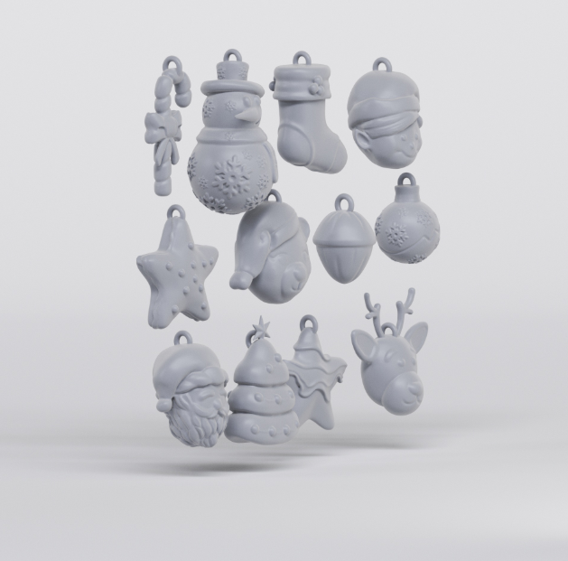 A collection of 3D-printed Christmas ornaments featuring festive designs such as Santa Claus, reindeer, snowmen, stars, and stockings. These charming decorations are perfect for adding a personal touch to holiday celebrations.