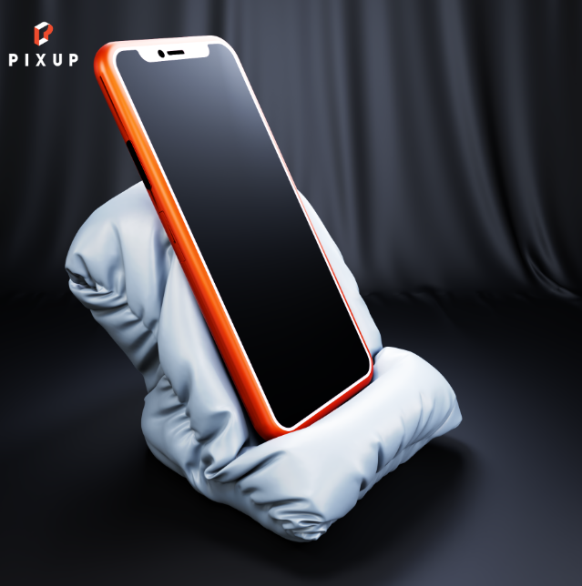 A sleek smartphone with an orange edge is propped up on a unique, 3D-printed holder designed to resemble a cushioned hand. The setup rests against a dark fabric backdrop, highlighting the intricate design of the holder. This creative and practical accessory is an excellent example of 'things to 3D print and sell' for modern tech users.