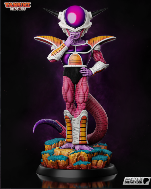 A detailed 3D-rendered model of Frieza, a popular anime villain, featuring vibrant purple, white, and orange armor. The figure stands confidently on a rocky base with a dramatic dark background. Text in the image reads "Tanuki Figures" and "Available on Patreon."


