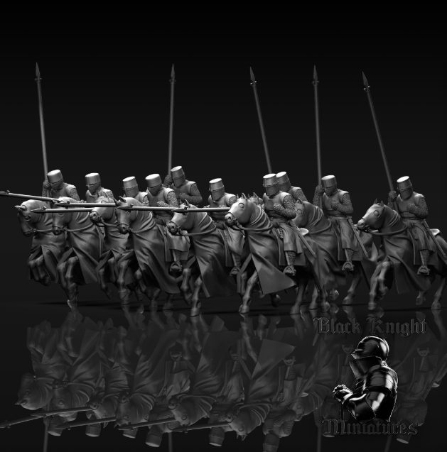 A detailed 3D-printed miniature set depicting a group of medieval knights on horseback, armed with lances and clad in flowing capes and armor. This intricate design is perfect for tabletop gaming enthusiasts or collectors, making it an excellent choice for 'things to 3D print and sell' in the niche of historical miniatures.