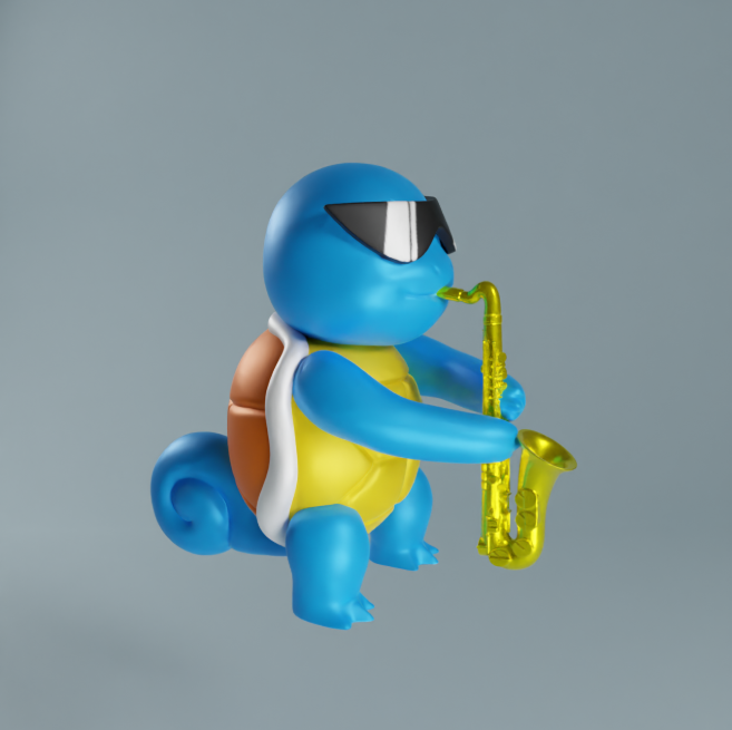 Here's a fun and cute 3D print model of Squirtle playing a Saxophone.