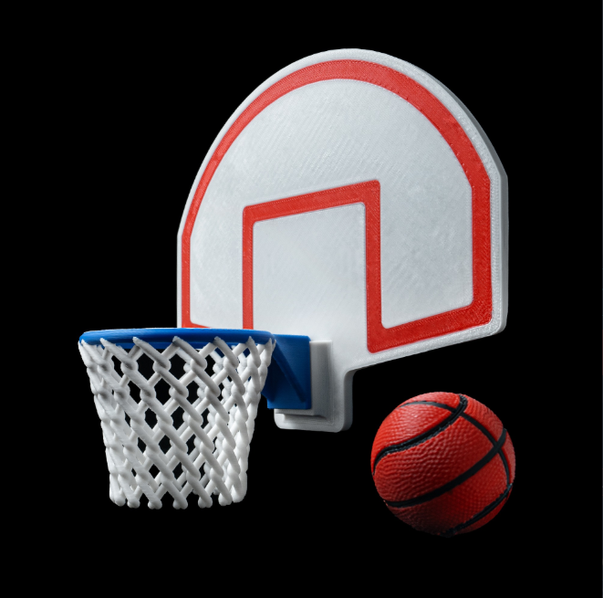 A miniature 3D-printed basketball hoop and ball set.