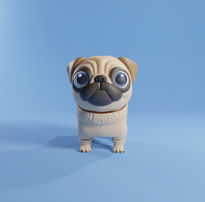 A cute 3D-printed model of a pug with movable legs and body.