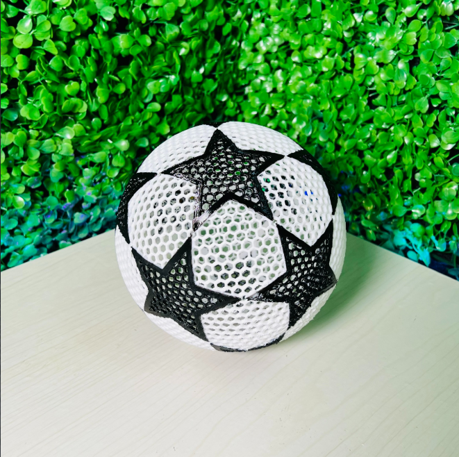 A 3D-printed soccer ball featuring a stylish star pattern. 