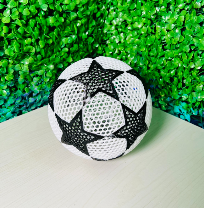 Soccer Ball with Star Design: A white 3D-printed airless soccer ball with black stars, displayed on a table against a green leafy background.
