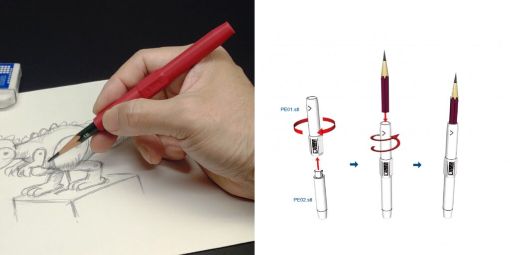 A red 3D-printed pencil extender in use, gripping a green pencil and being used for sketching on paper.
