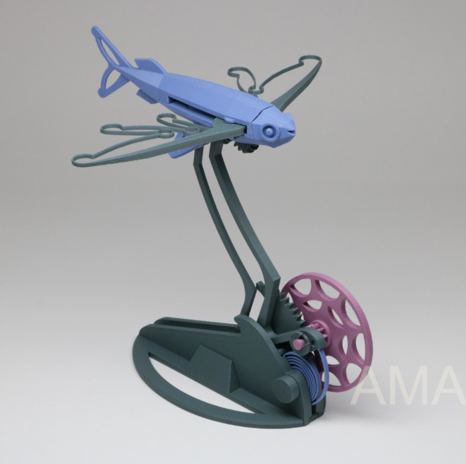 3D printed autiomata of flying fish.