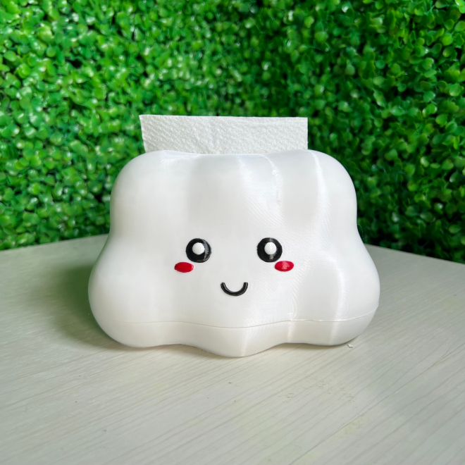 A cool tissue box featuring a cute cloud face.