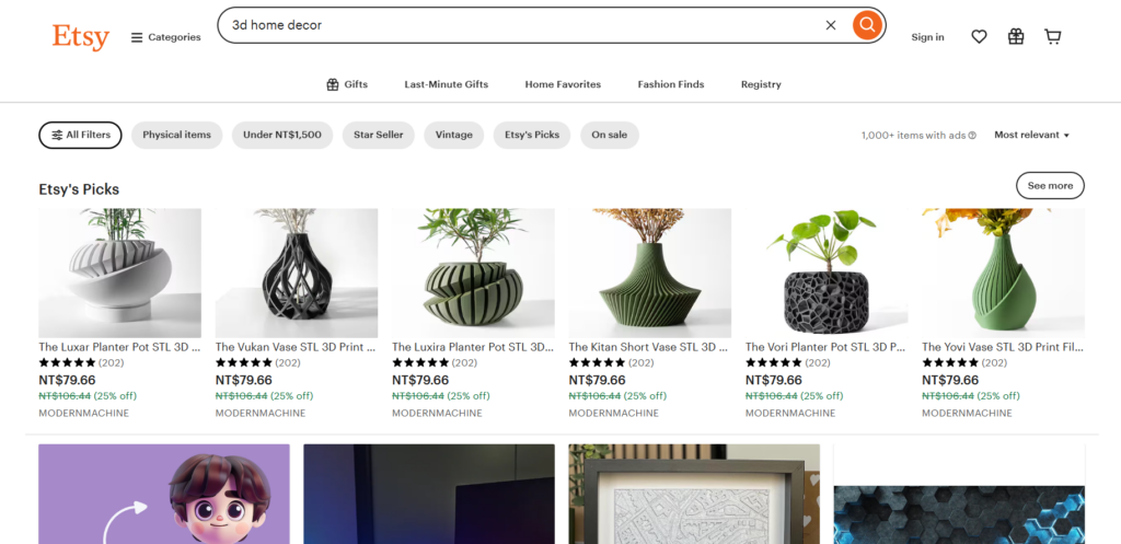 A wide range of 3D printed home decor being sold on Etsy