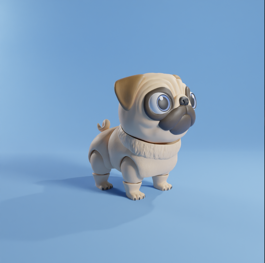 A cute articulated 3D pug dog.
