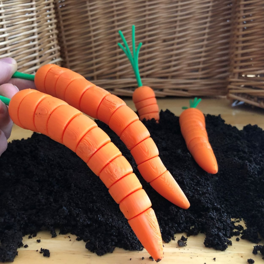 Articulated 3D print of carrots.
