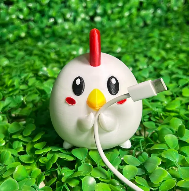 一隻白色小雞角色，頭上有紅色雞冠，正用翅膀拿著充電線，設計有大而生動的眼睛。