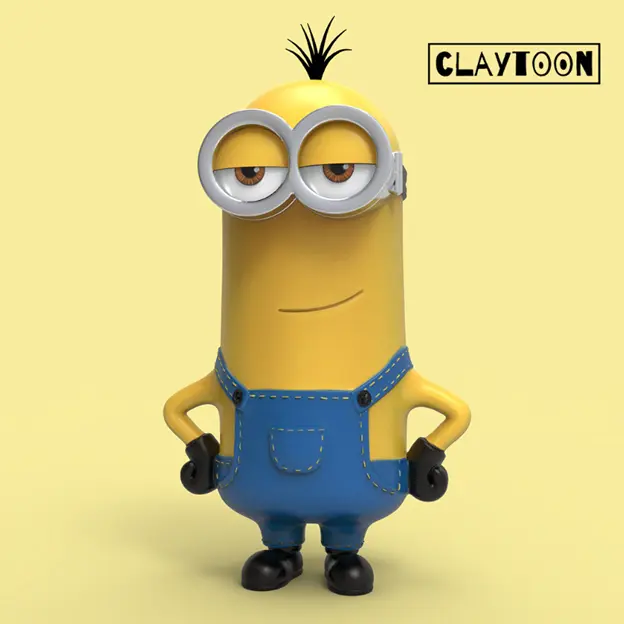 一隻黃色小小兵角色，穿著吊帶褲、只有一隻眼睛，擺出自信姿勢，背景為黃色。