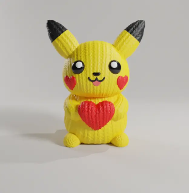 一隻可愛的皮卡丘風格角色，胸前有紅色愛心，臉頰帶紅暈，以有紋理的設計呈現。