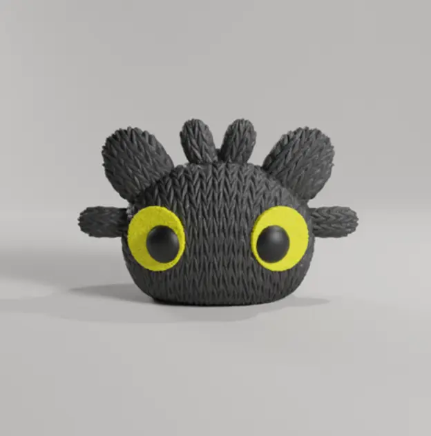 一隻可愛、帶紋理的黑色生物，擁有大大的黃色眼睛和尖刺狀特徵，以活潑討喜的風格設計。