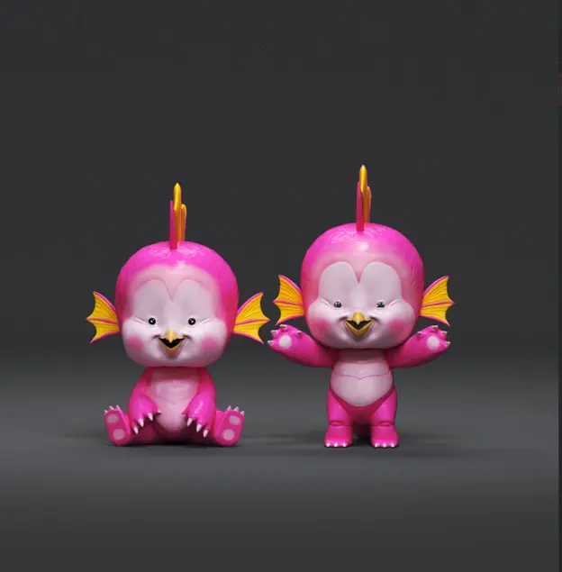 一種粉紅色魚狀生物，帶有鰭與喙，坐姿與站姿並列，造型可愛又繽紛。